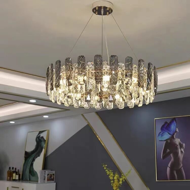 Modern Smoke Gray Crystal Chandelier Sparkling Pendant Light Fixture for Living/ Dining Room/ Bedroom/ Home Office