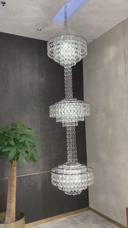 Modern French Elegant Oversized 3-tiered Silver Seashells Long Crystal Chandelier for Staircase