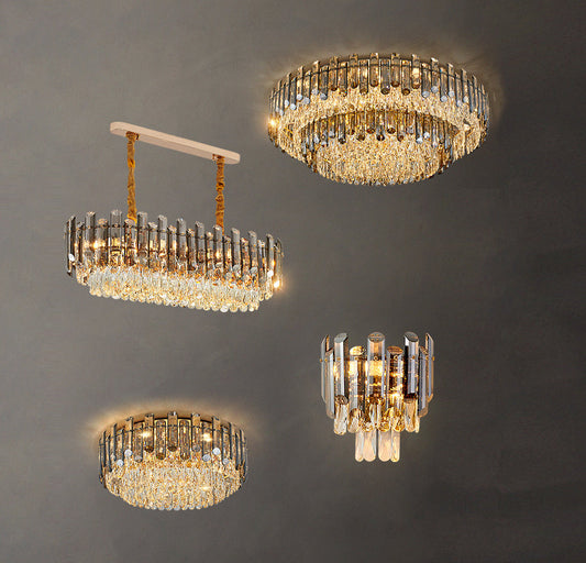 Smoke Gray Crystal Chandelier Flush-Mounted Ceiling Light Fixture Set for Dining Room/Living Room