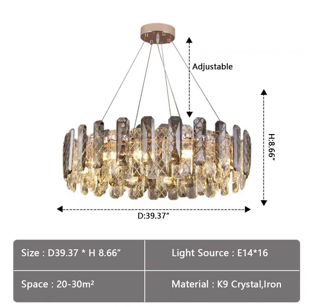Modern Smoke Gray Crystal Chandelier Sparkling Pendant Light Fixture for Living/ Dining Room/ Bedroom/ Home Office