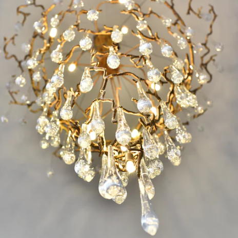 Extra Large Light Luxury Brass Branch Teardrop Crystal Pendant Chandelier for Living Room/Foyer/Entry