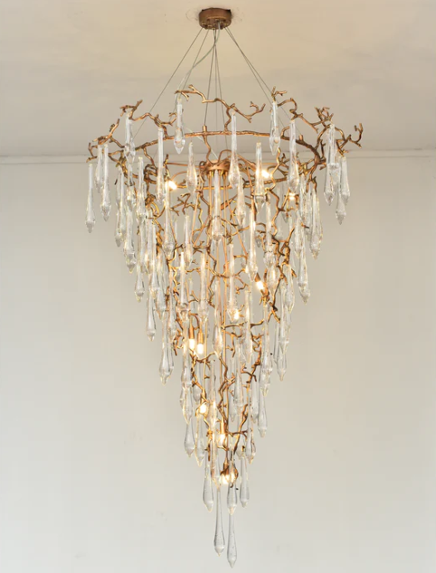 Extra Large Light Luxury Brass Branch Teardrop Crystal Pendant Chandelier for Living Room/Foyer/Entry