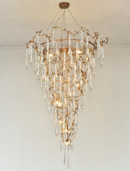Extra Large Light Luxury Brass Branch Teardrop Crystal Pendant Chandelier for Living Room/Foyer/Entry