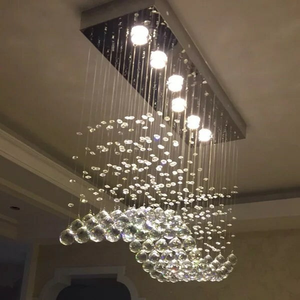 Lampadario moderno da soffitto con sfera di cristallo a forma di onda, rettangolare, cromato, per tavolo da pranzo