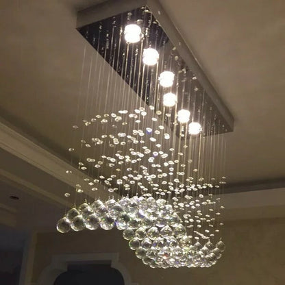 Lampadario moderno da soffitto con sfera di cristallo a forma di onda, rettangolare, cromato, per tavolo da pranzo