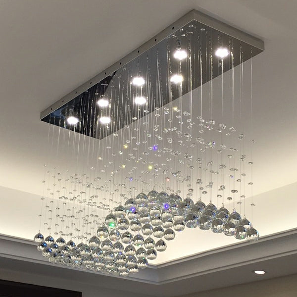Lampadario moderno da soffitto con sfera di cristallo a forma di onda, rettangolare, cromato, per tavolo da pranzo