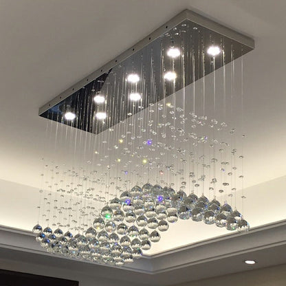 Lampadario moderno da soffitto con sfera di cristallo a forma di onda, rettangolare, cromato, per tavolo da pranzo