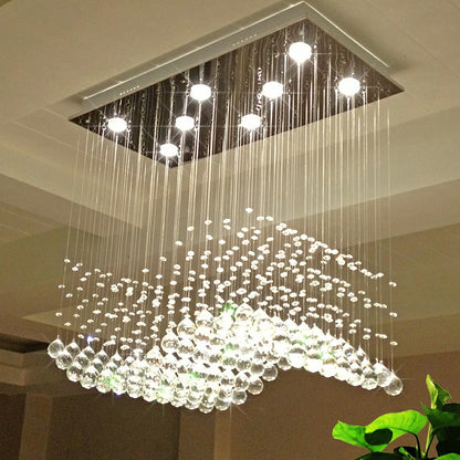 Lampadario moderno da soffitto con sfera di cristallo a forma di onda, rettangolare, cromato, per tavolo da pranzo