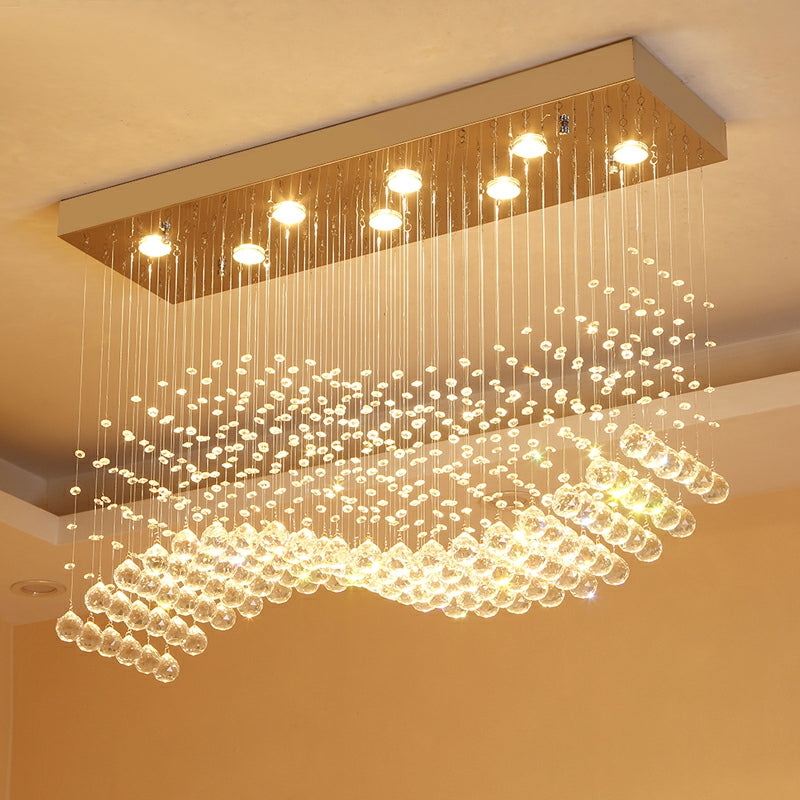 Lampadario moderno da soffitto con sfera di cristallo a forma di onda, rettangolare, cromato, per tavolo da pranzo