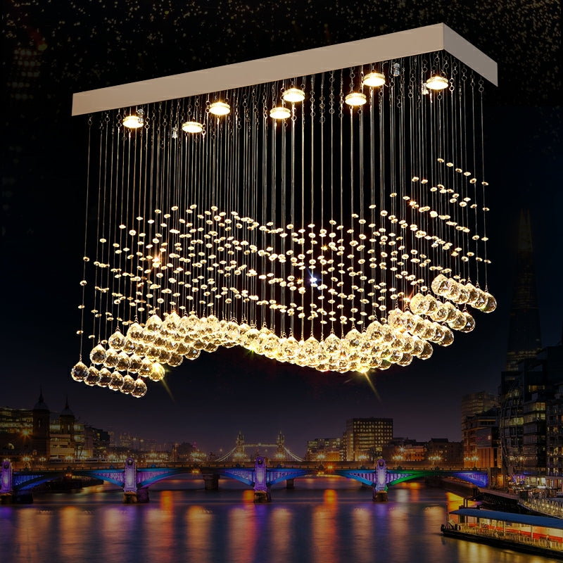 Lampadario moderno da soffitto con sfera di cristallo a forma di onda, rettangolare, cromato, per tavolo da pranzo
