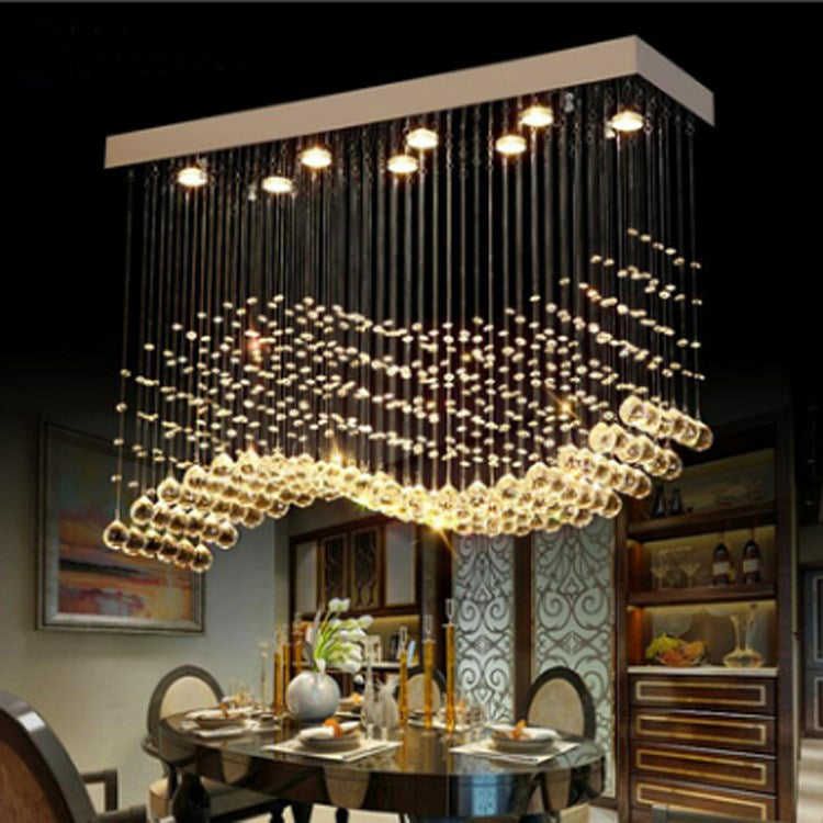 Lampadario moderno da soffitto con sfera di cristallo a forma di onda, rettangolare, cromato, per tavolo da pranzo