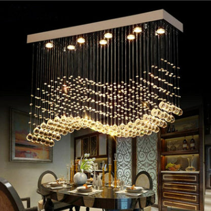 Lampadario moderno da soffitto con sfera di cristallo a forma di onda, rettangolare, cromato, per tavolo da pranzo