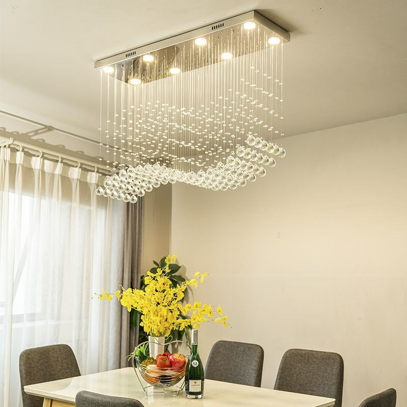 Lampadario moderno da soffitto con sfera di cristallo a forma di onda, rettangolare, cromato, per tavolo da pranzo