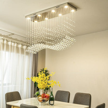 Lampadario moderno da soffitto con sfera di cristallo a forma di onda, rettangolare, cromato, per tavolo da pranzo