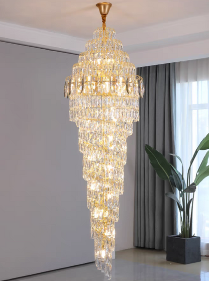 Extra Large Modern Spiral Chrome/Gold Crystal Long Chandelier for Foyer/Staircase/Hotel Lobby