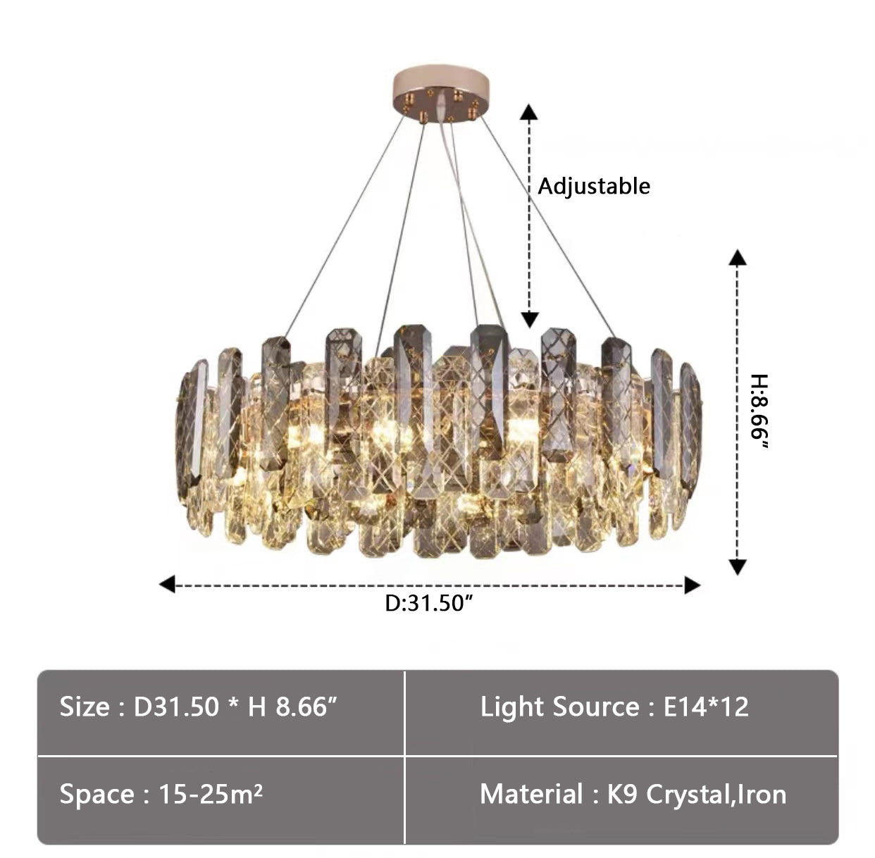 Modern Smoke Gray Crystal Chandelier Sparkling Pendant Light Fixture for Living/ Dining Room/ Bedroom/ Home Office