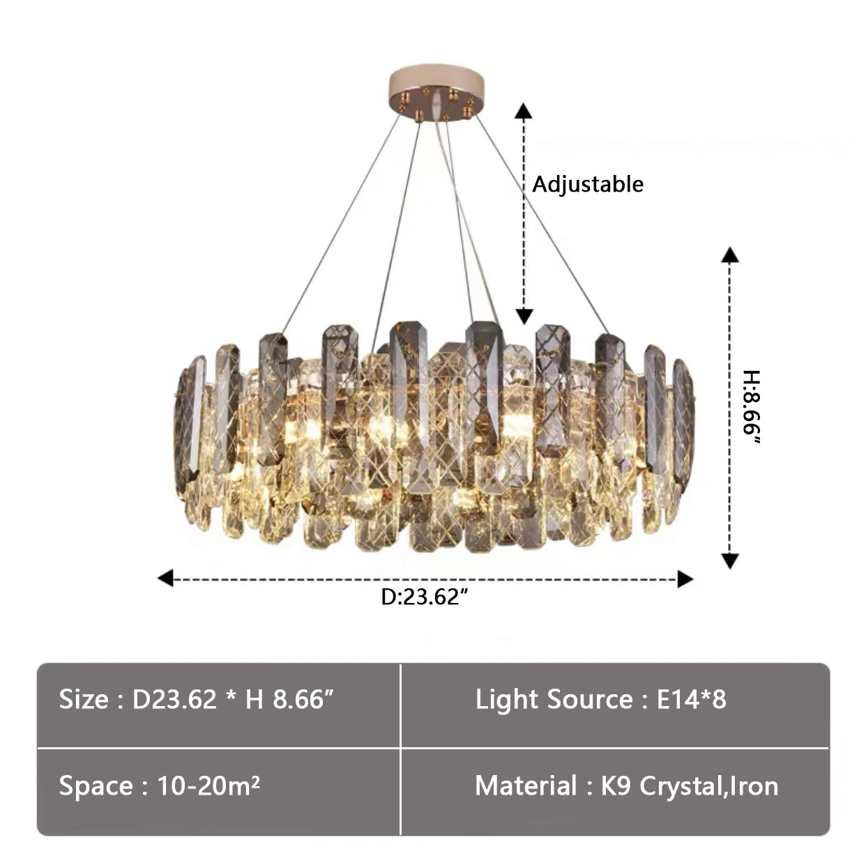 Modern Smoke Gray Crystal Chandelier Sparkling Pendant Light Fixture for Living/ Dining Room/ Bedroom/ Home Office