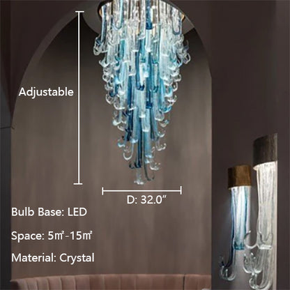 Oval: L45.0"*W18.0" BLUE RAINFALL / WATERFALL MURANO GLASS CHANDELIER,chandelier,chandeliers,flush mount,ceiling,sea wave,blue,crystal,tiers,layers,oval,round,art,creative,foyer,living room,dining room,stairs