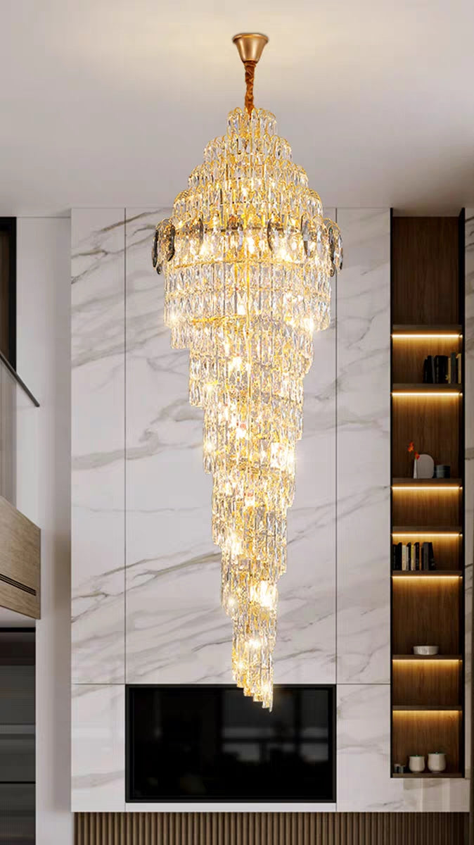 Extra Large Modern Spiral Chrome/Gold Crystal Long Chandelier for Foyer/Staircase/Hotel Lobby