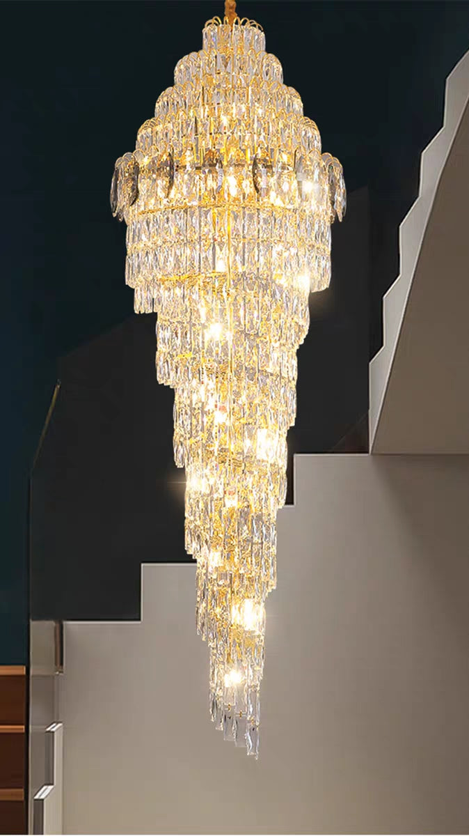 Extra Large Modern Spiral Chrome/Gold Crystal Long Chandelier for Foyer/Staircase/Hotel Lobby