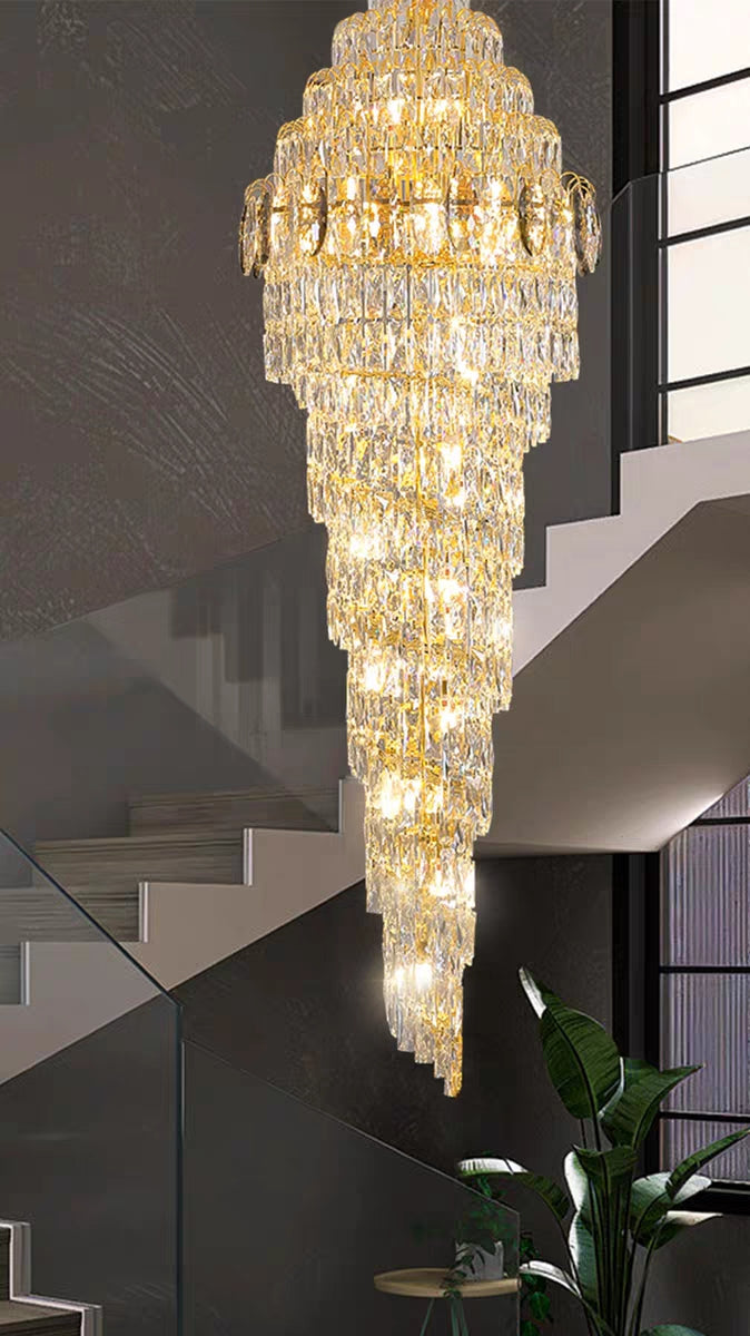 Extra Large Modern Spiral Chrome/Gold Crystal Long Chandelier for Foyer/Staircase/Hotel Lobby