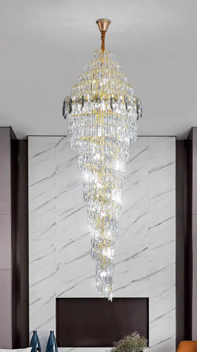 Extra Large Modern Spiral Chrome/Gold Crystal Long Chandelier for Foyer/Staircase/Hotel Lobby